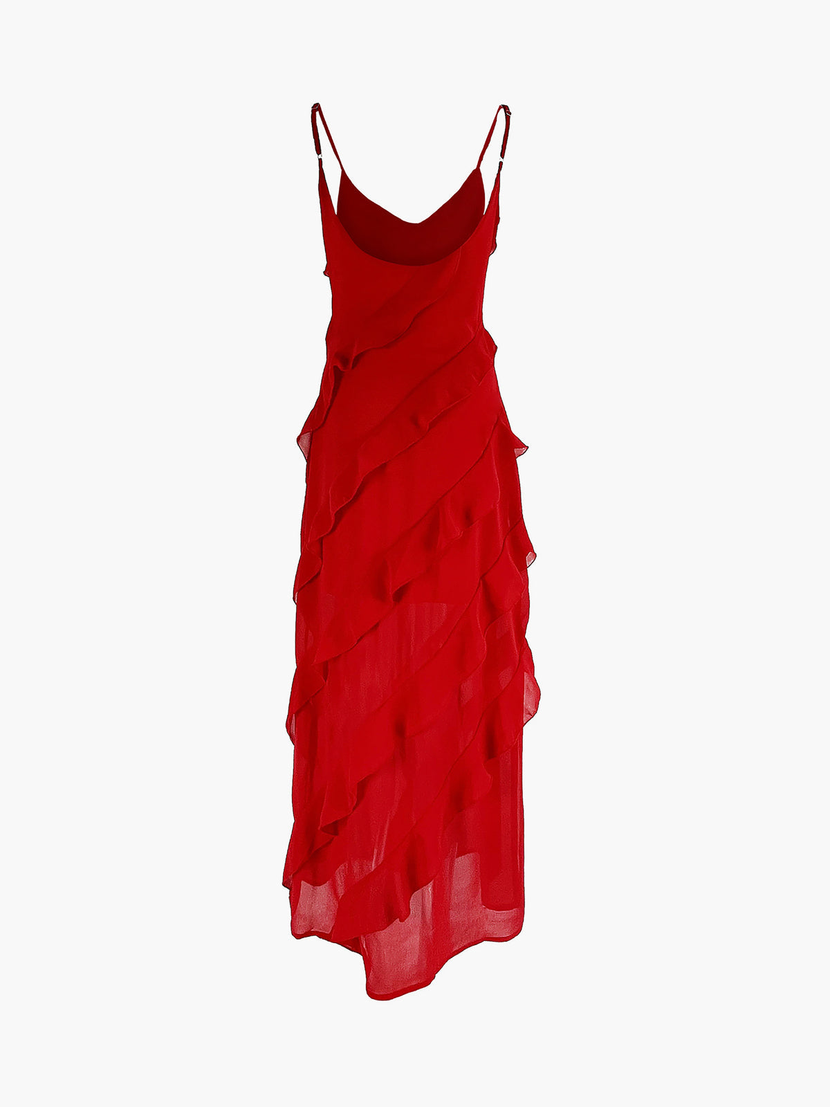 Yarı Şeffaf Merdiven Fırfırlı Fermuarlı Uzun Elbise