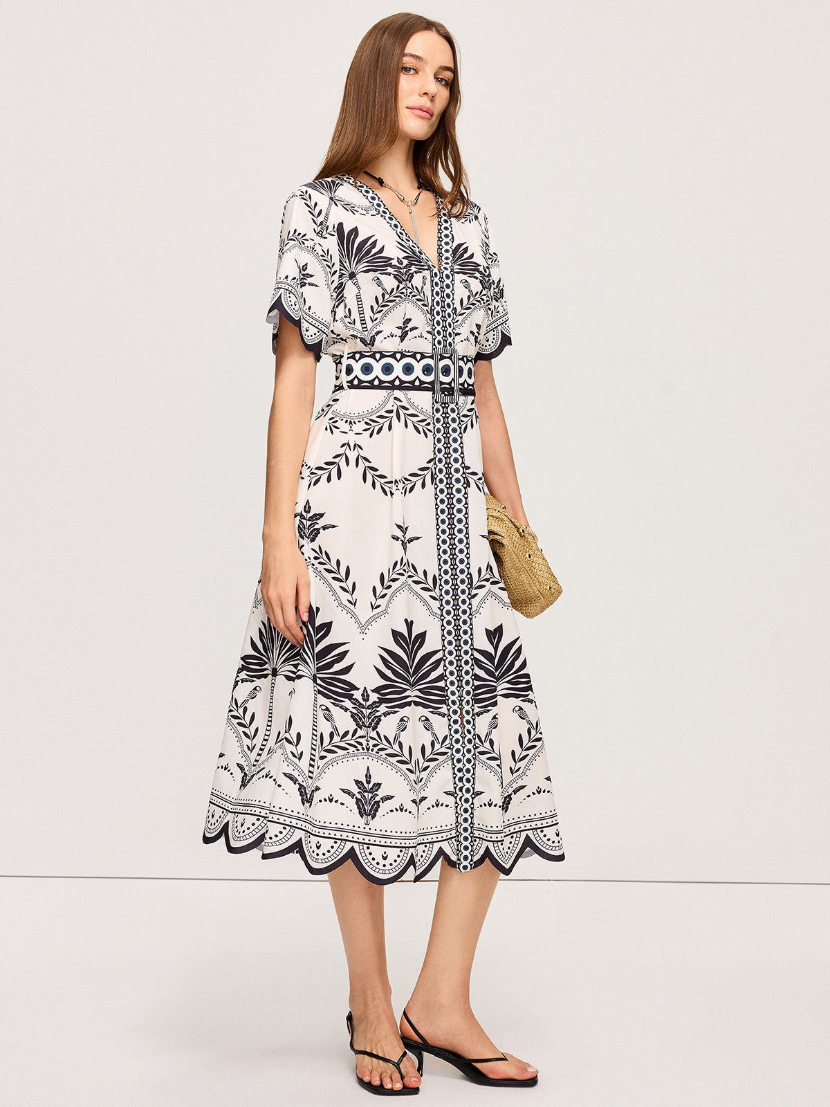 Boho Çiçek Desenli V Yaka Midi Elbise
