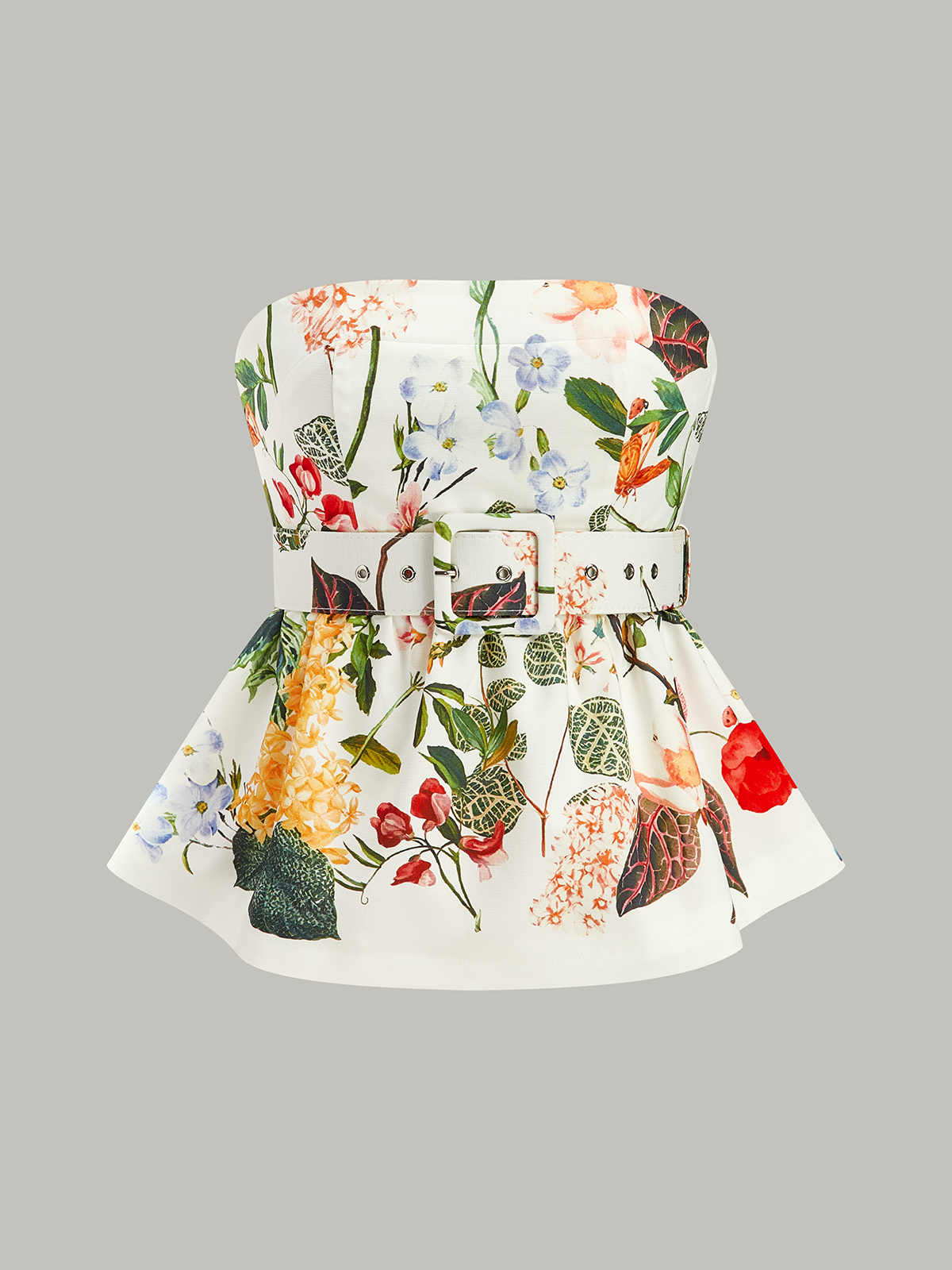 Çiçek Desenli, Askısız, Kemerli Peplum Bluz