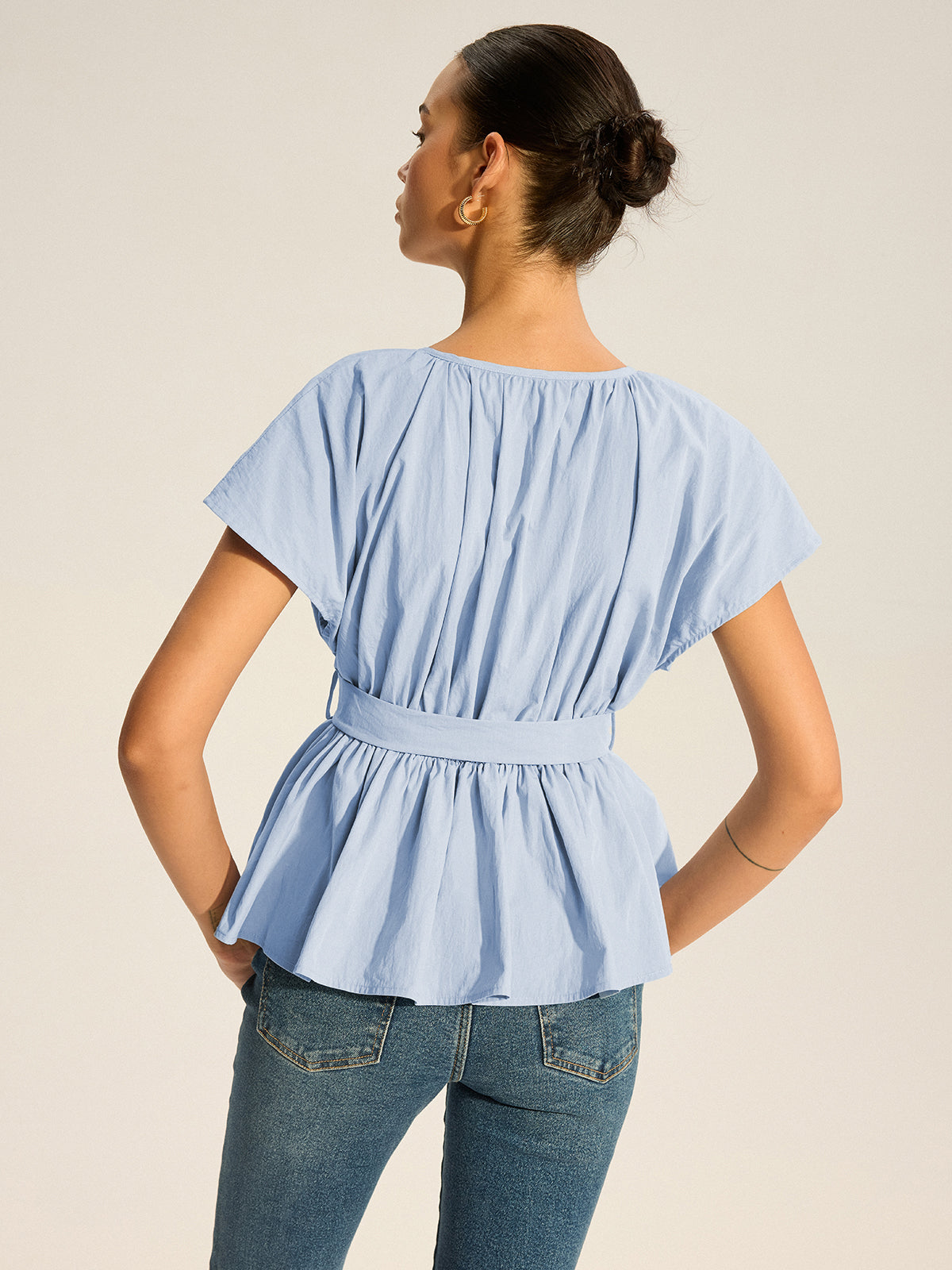 Kemerli V Yakalı Pileli Peplum Bluz