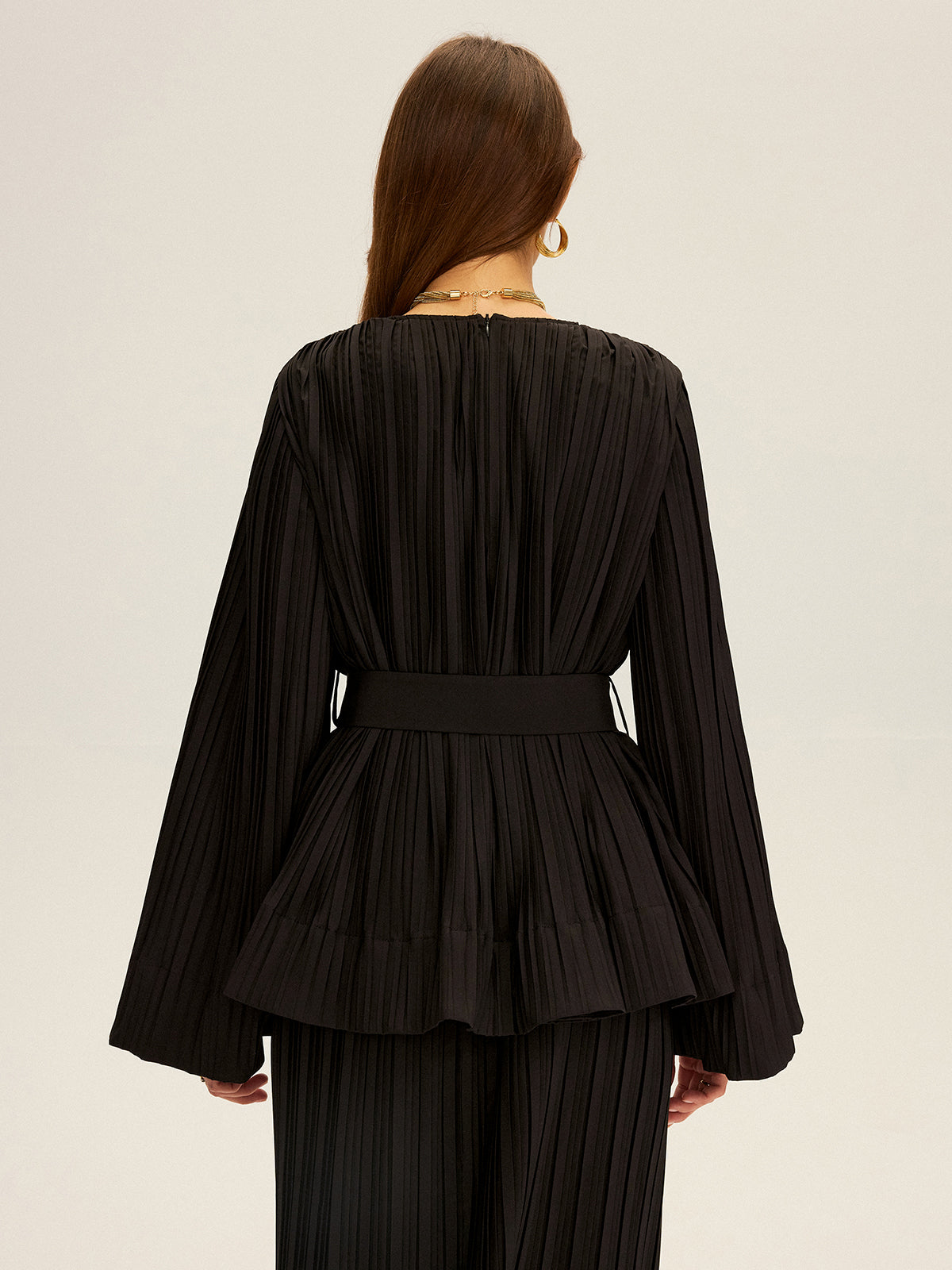Pileli, Çan Kollu, Kemerli, Peplum Detaylı Bluz