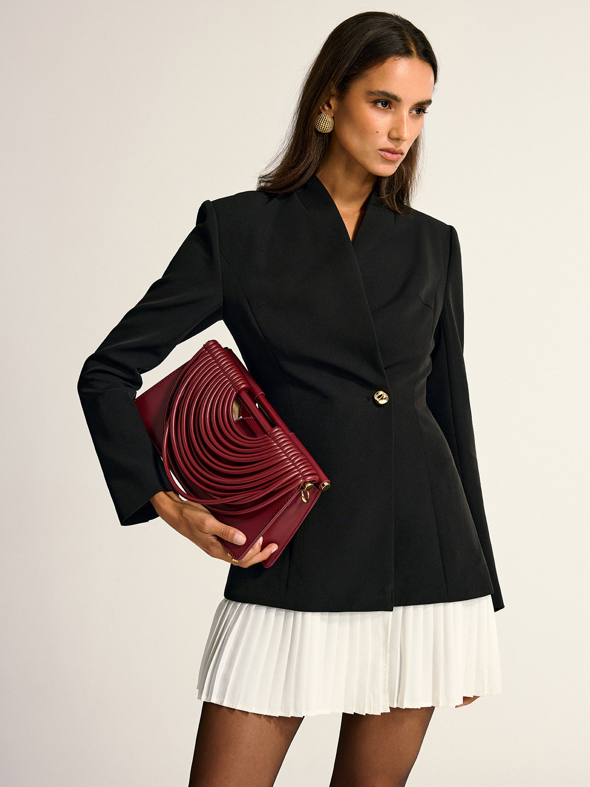 Kontrast Pileli Etekli Blazer Elbise