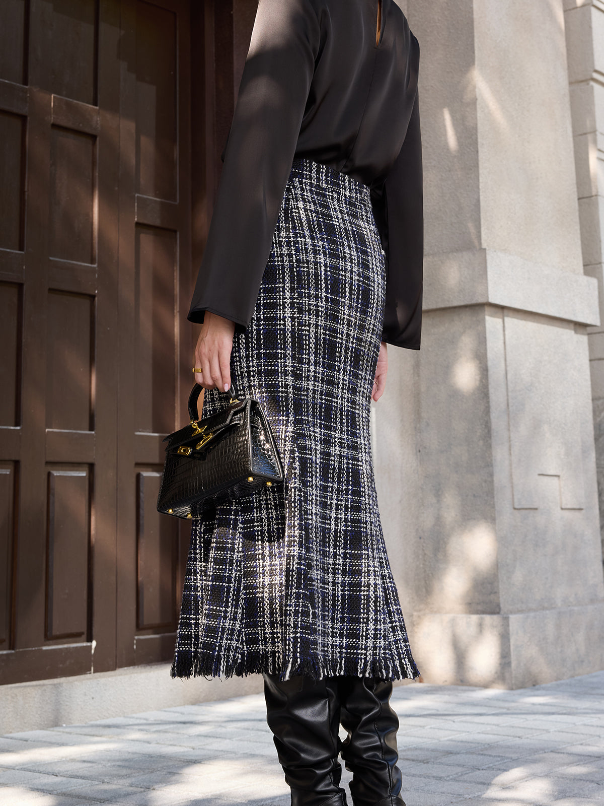 Tweed Ekose Püsküllü Midi Etek