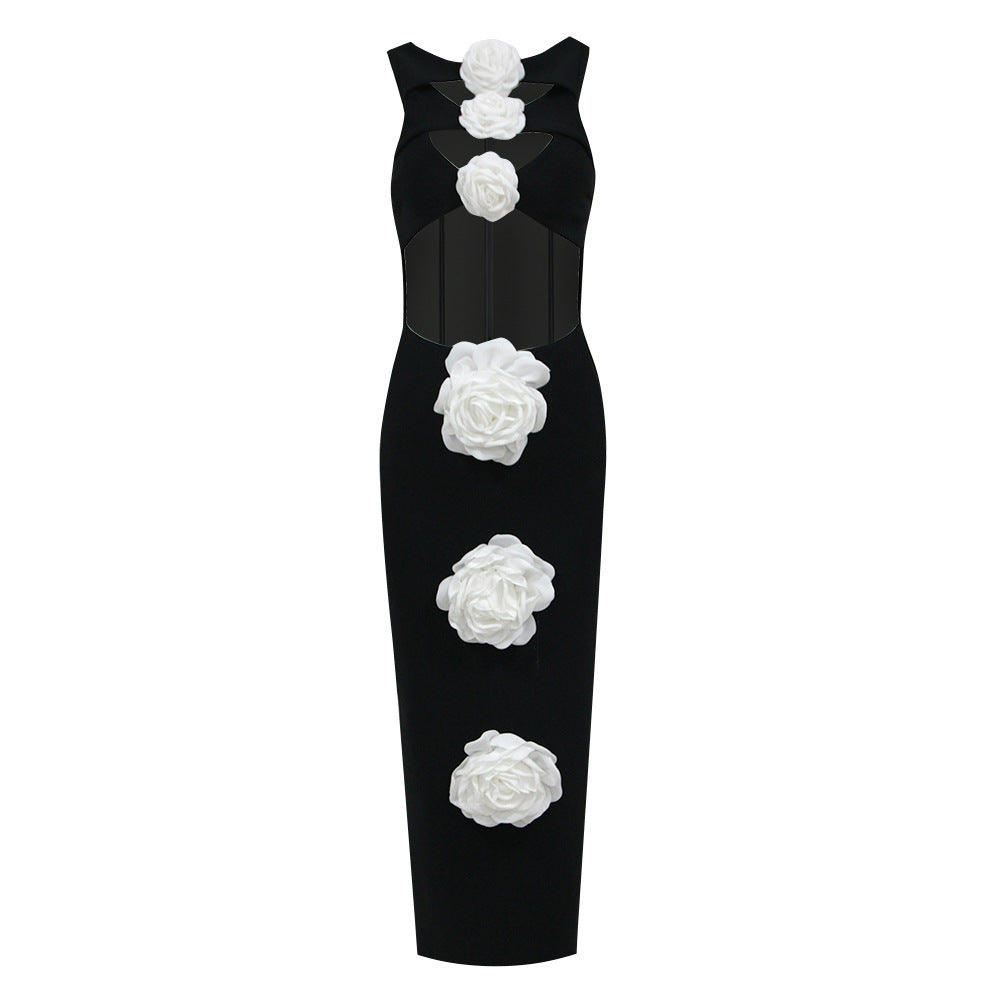 Lustre Gül Detaylı Siyah Midi Elbise