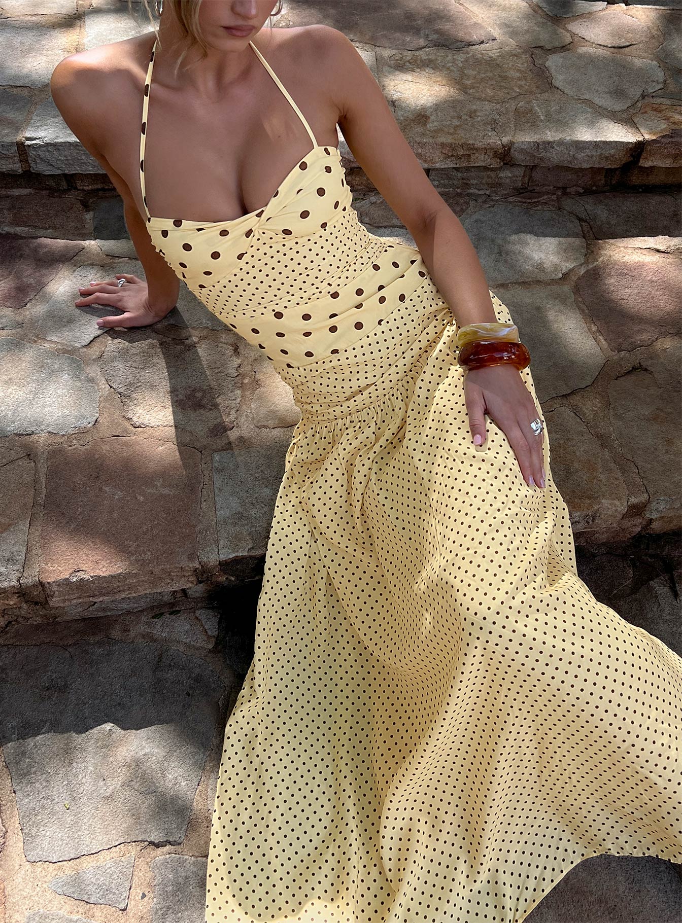 Marguerite Lımon Puantiyeli Halter Maxi Elbise
