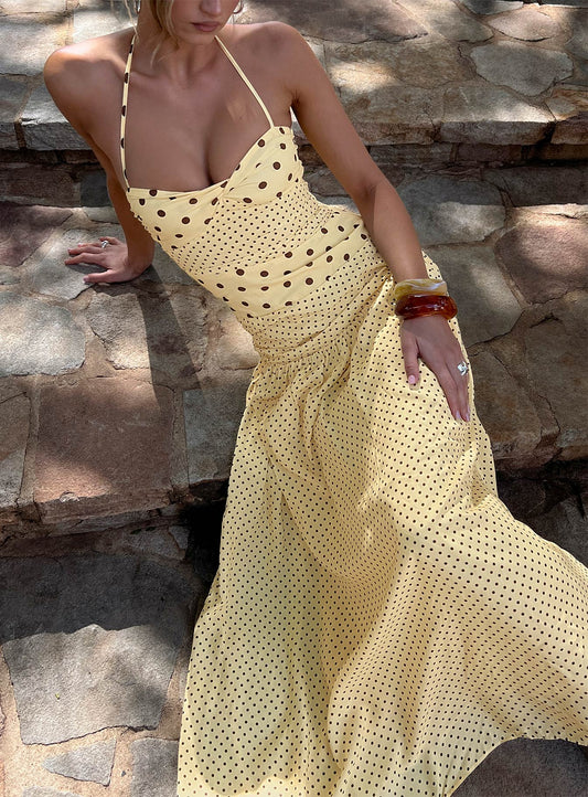 Marguerite Lımon Puantiyeli Halter Maxi Elbise