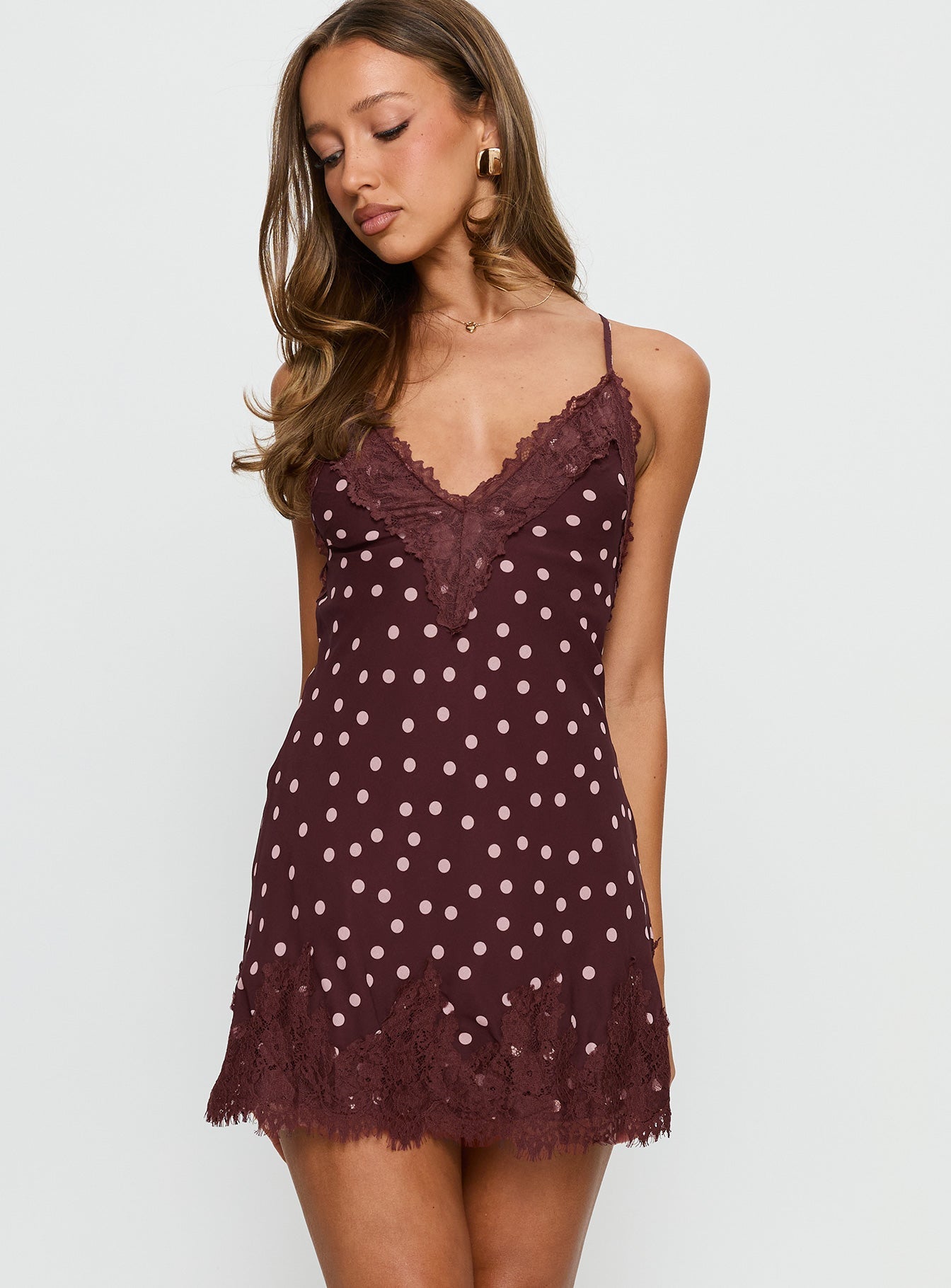 Call My Lover Kahverengi Puantiyeli Dantel Slip Mini Elbise
