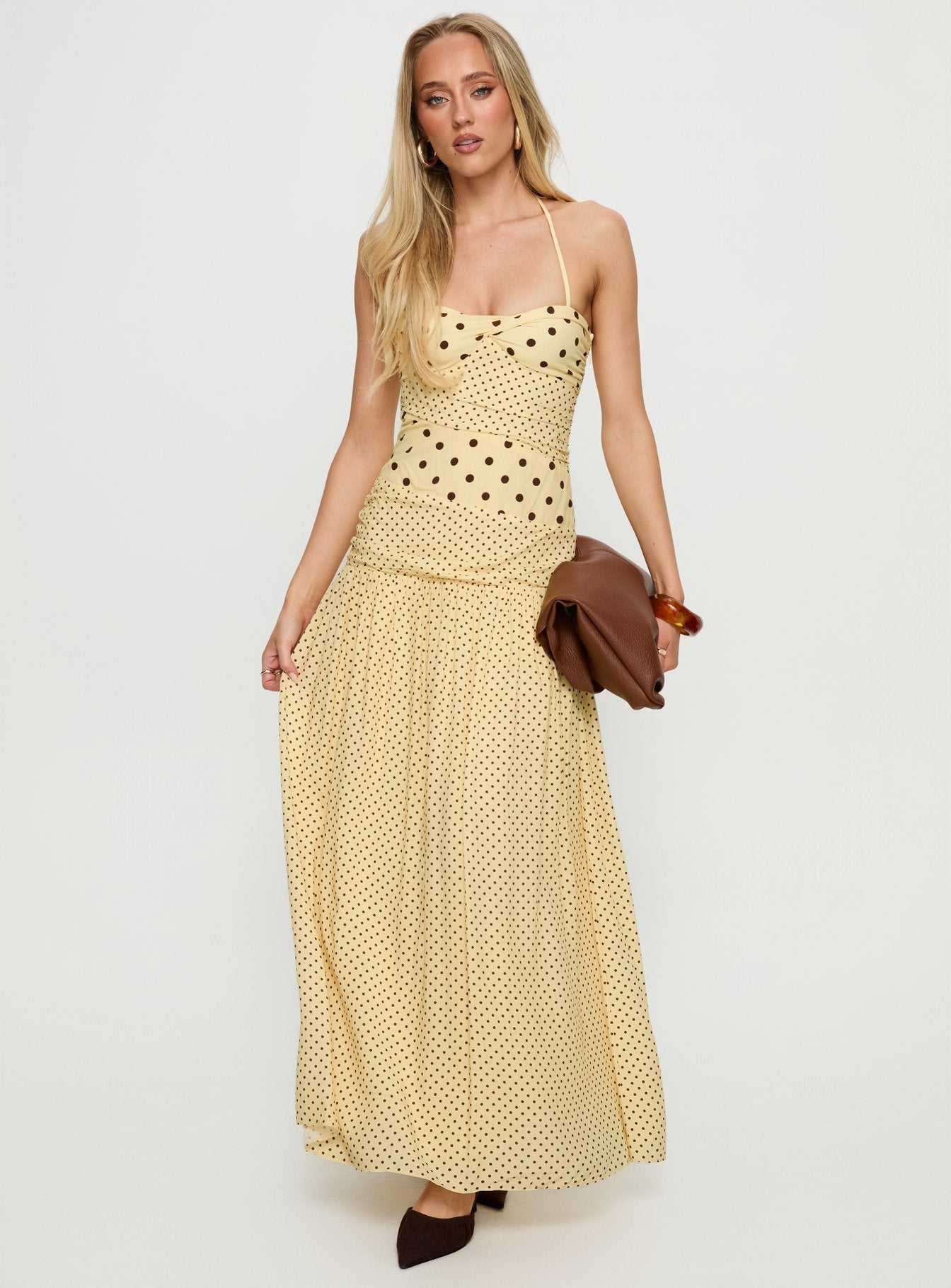Marguerite Lımon Puantiyeli Halter Maxi Elbise