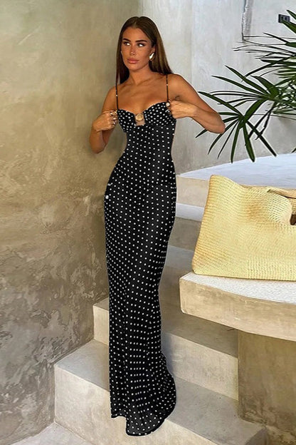 Venus Puantiyeli Askılı Sırt Dekolteli Maxi Elbise