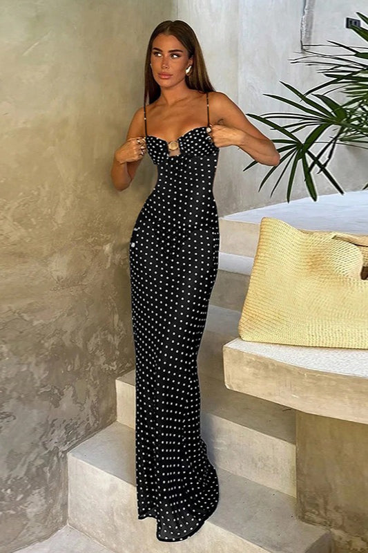 Venus Puantiyeli Askılı Sırt Dekolteli Maxi Elbise