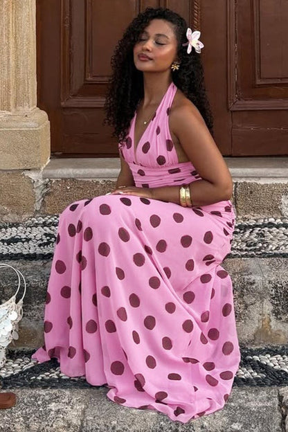 Puantiyeli Halter V Yaka Elbise