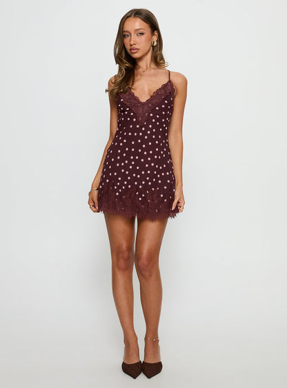 Call My Lover Kahverengi Puantiyeli Dantel Slip Mini Elbise