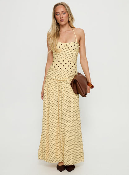 Marguerite Lımon Puantiyeli Halter Maxi Elbise