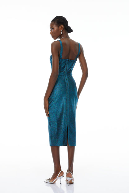 Edwina Mavi Bandaj Korse Midi Elbise