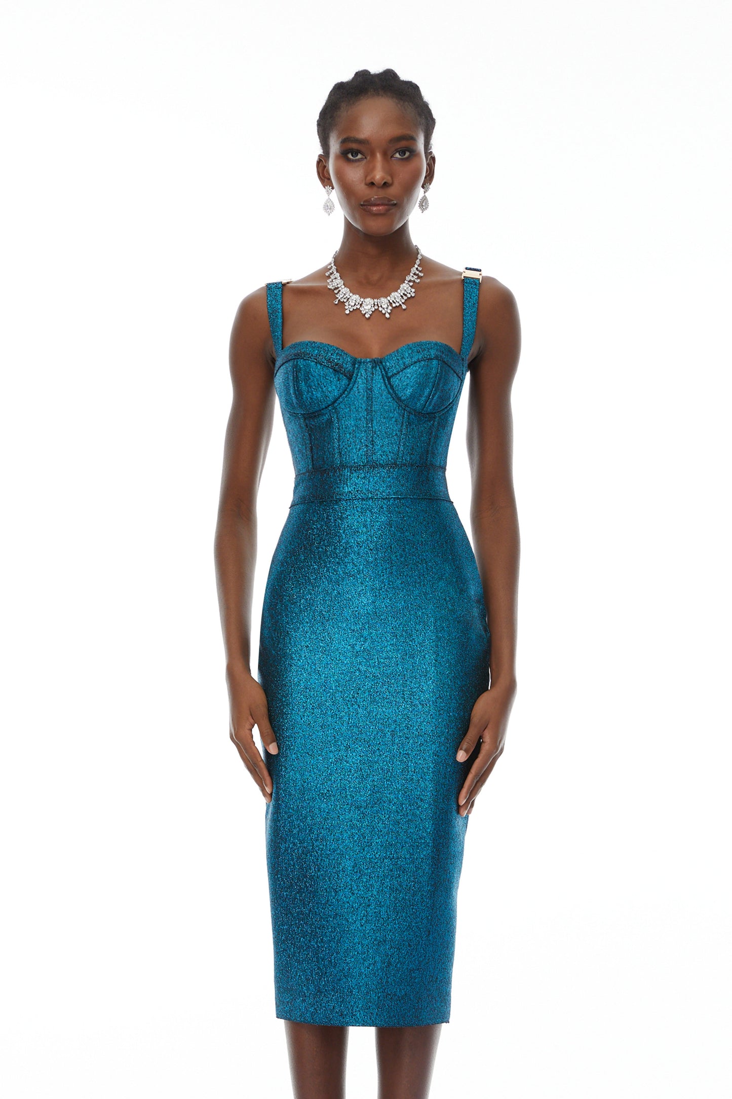 Edwina Mavi Bandaj Korse Midi Elbise
