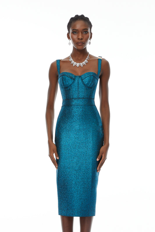 Edwina Mavi Bandaj Korse Midi Elbise