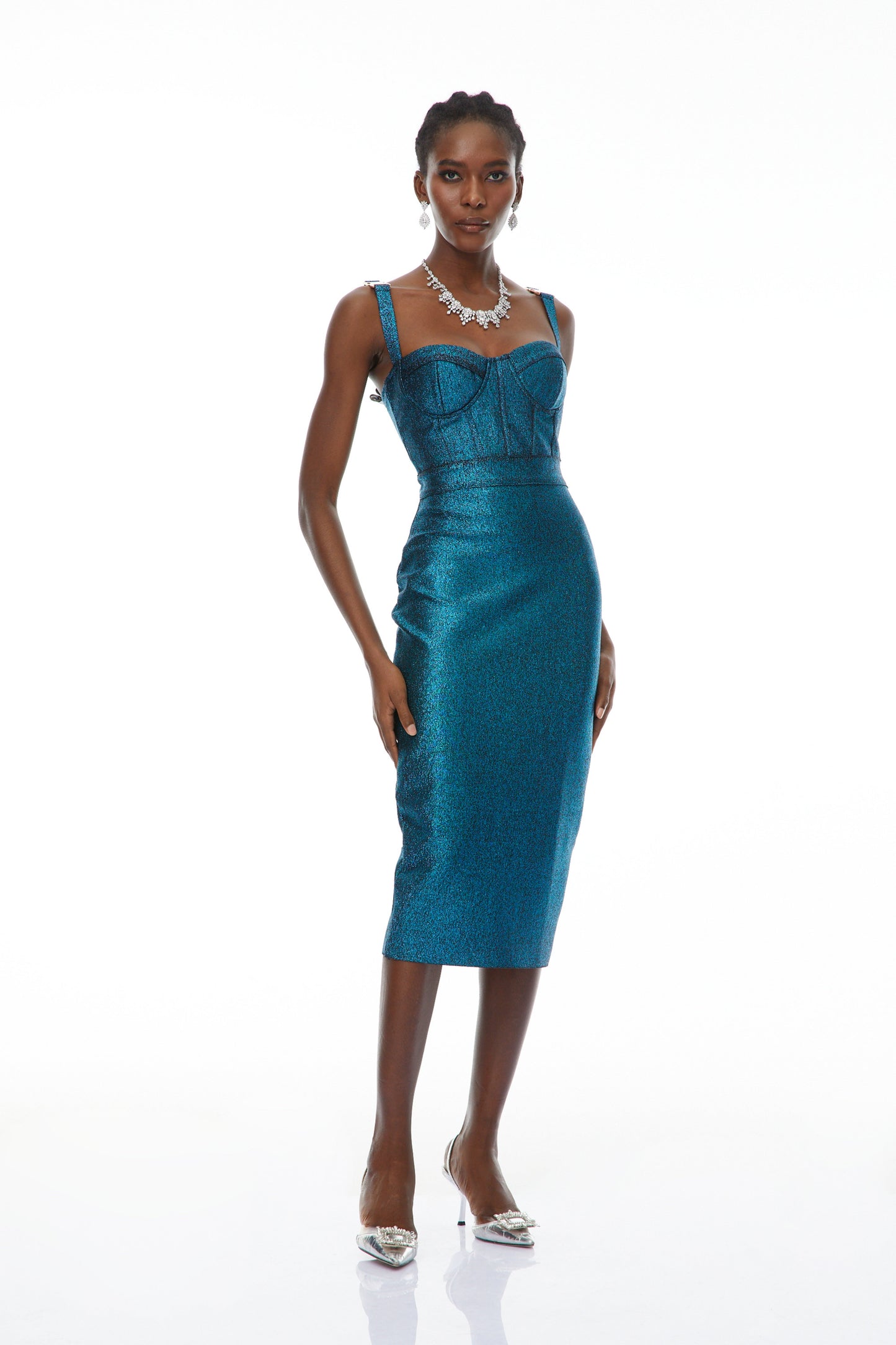 Edwina Mavi Bandaj Korse Midi Elbise