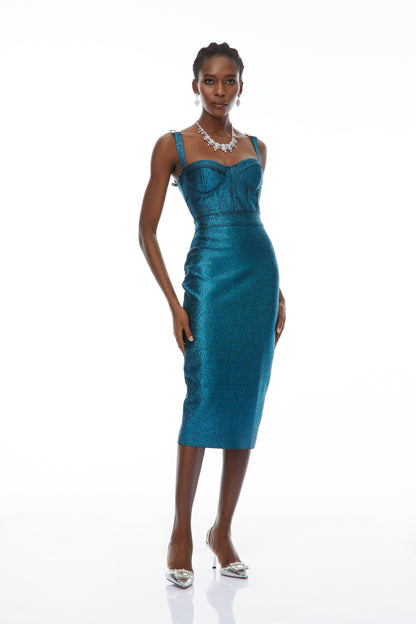 Edwina Mavi Bandaj Korse Midi Elbise