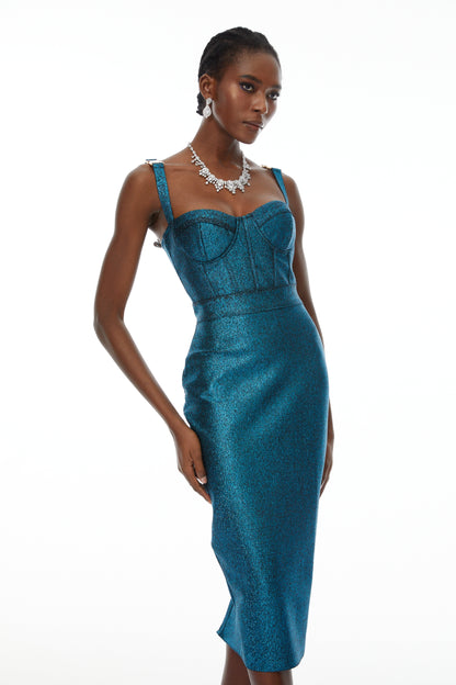Edwina Mavi Bandaj Korse Midi Elbise