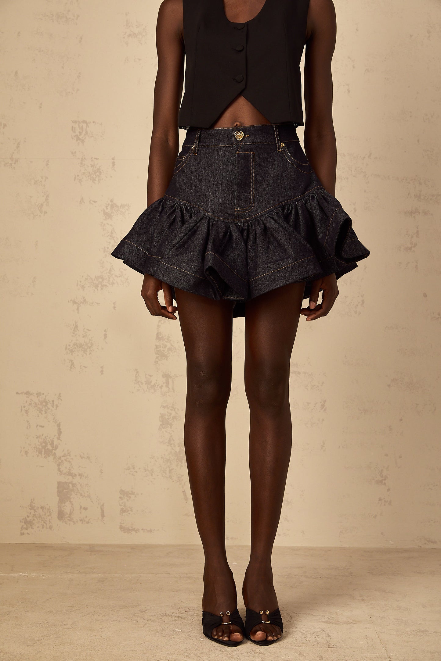 Florence Indigo Mavi Fırfırlı Denim Mini Etek