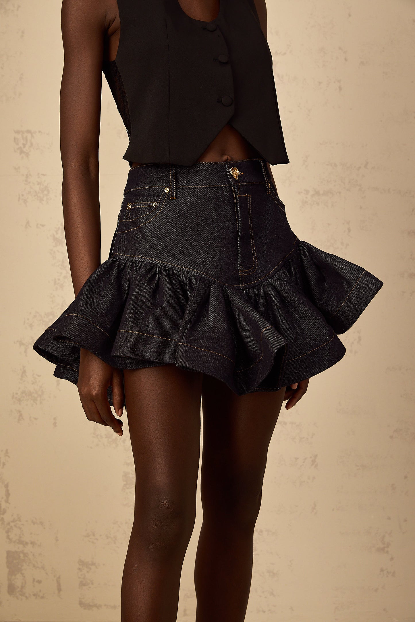 Florence Indigo Mavi Fırfırlı Denim Mini Etek