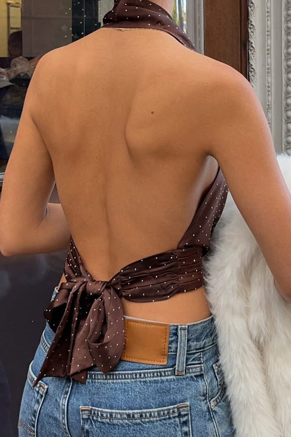Puantiyeli Renk Bloklu Sırt Dekolteli Halter Crop Üst