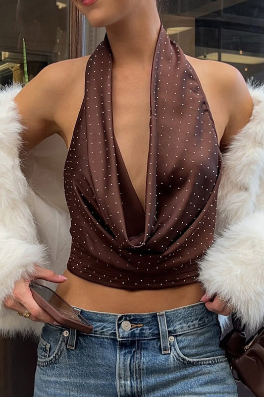 Puantiyeli Renk Bloklu Sırt Dekolteli Halter Crop Üst