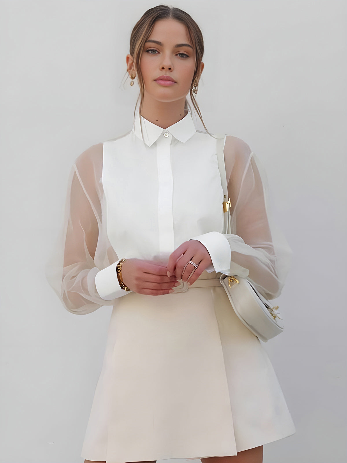 Yarı Şeffaf Kabarık Kollu Organza Gömlek