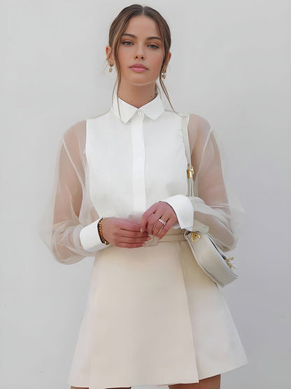 Yarı Şeffaf Kabarık Kollu Organza Gömlek
