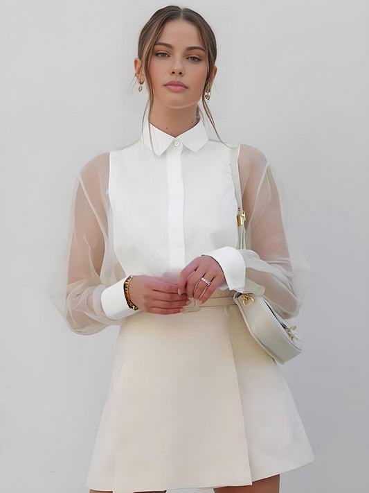 Yarı Şeffaf Kabarık Kollu Organza Gömlek