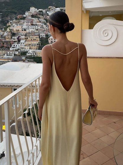 Sırtı Açık Tatil Saten Uzun Elbise