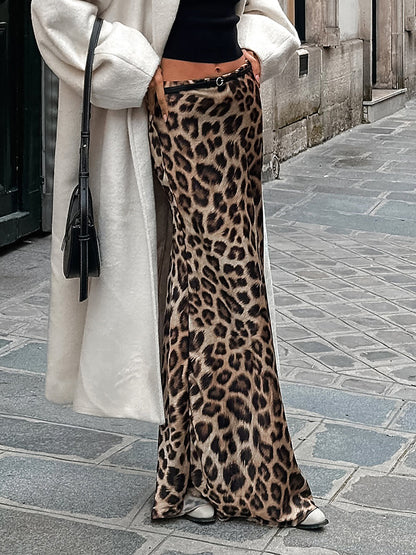 Leopar Desenli Dar Kesim Maxi Etek