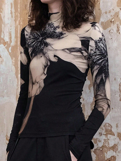 Yüksek Yakalı Batik Baskılı Gömlek