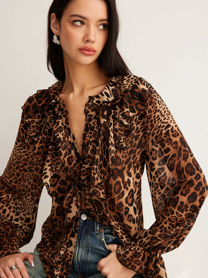Leopar Desenli Fırfırlı Bluz