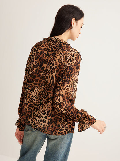 Leopar Desenli Fırfırlı Bluz