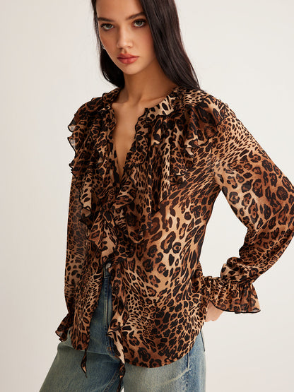 Leopar Desenli Fırfırlı Bluz