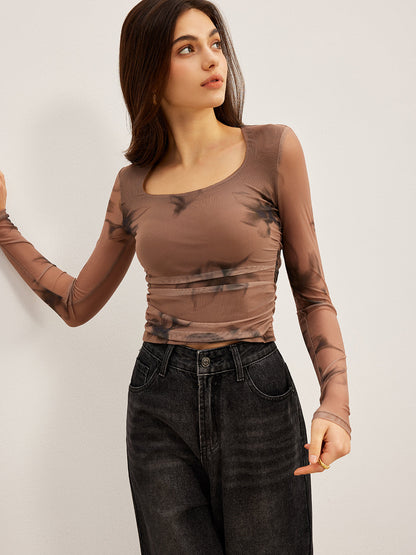 Batik Desenli Çiçek Motifli File Tişört