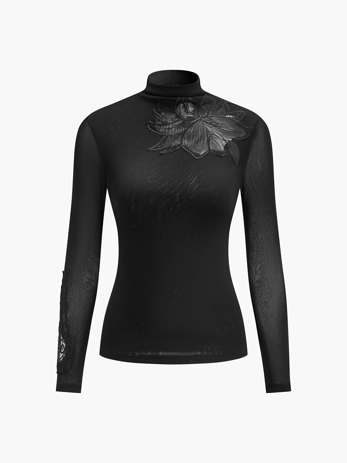 Yarı Şeffaf Fileli Çiçek Desenli Dar Kesim Jersey Bluz