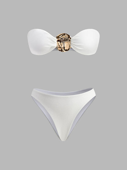 Altın Detaylı Bikini Ve Plaj Örtüsü