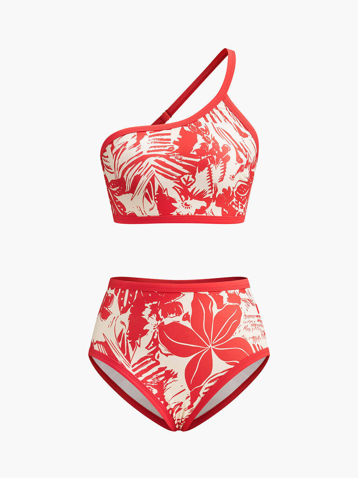 Tek Omuzlu Tropikal Desenli Bikini Takımı