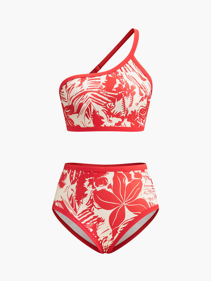 Tek Omuzlu Tropikal Desenli Bikini Takımı