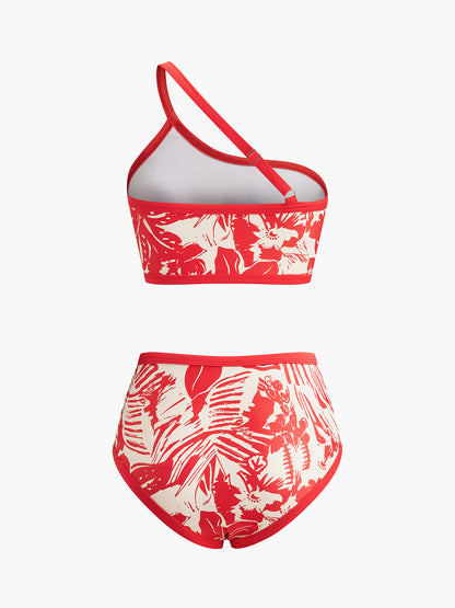 Tek Omuzlu Tropikal Desenli Bikini Takımı