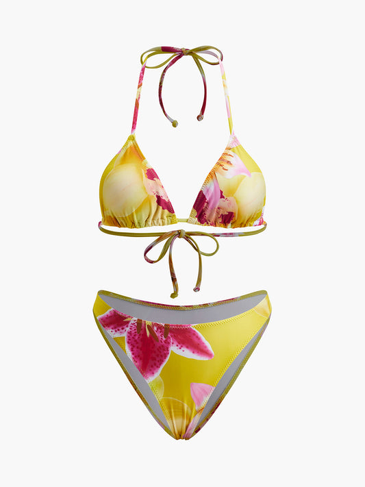 Jersey Kumaştan Çiçek Desenli Bağcıklı Yaka Bikini Takımı