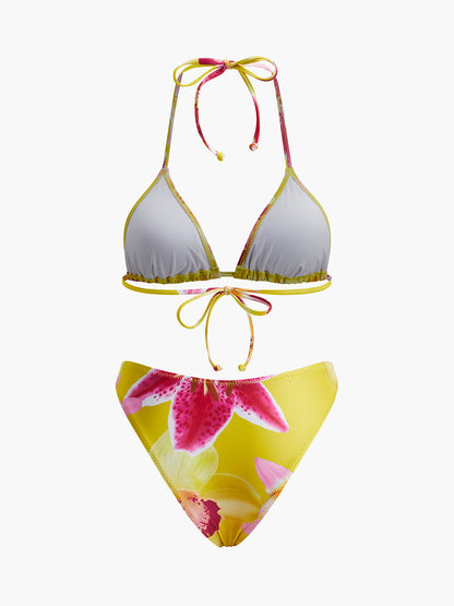 Jersey Kumaştan Çiçek Desenli Bağcıklı Yaka Bikini Takımı