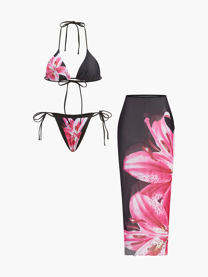 Çiçek Desenli Bikini Ve File Etek