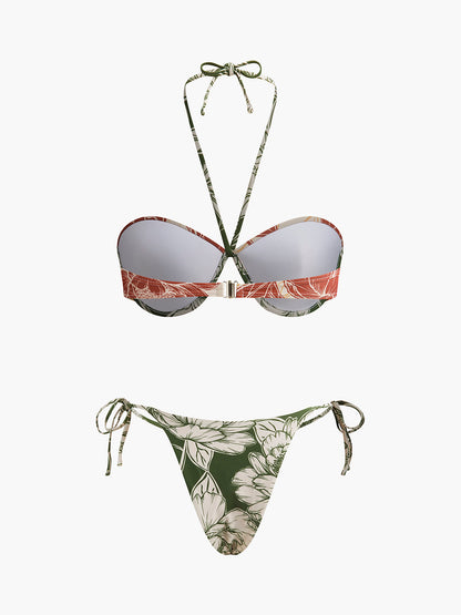 Çiçek Desenli, Yandan Bağlamalı Etekli Bikini Takımı