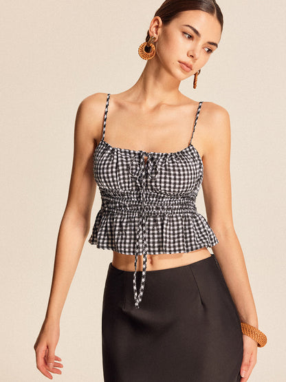 Büzgülü Peplum Ekose Askılı Bluz