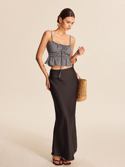Büzgülü Peplum Ekose Askılı Bluz