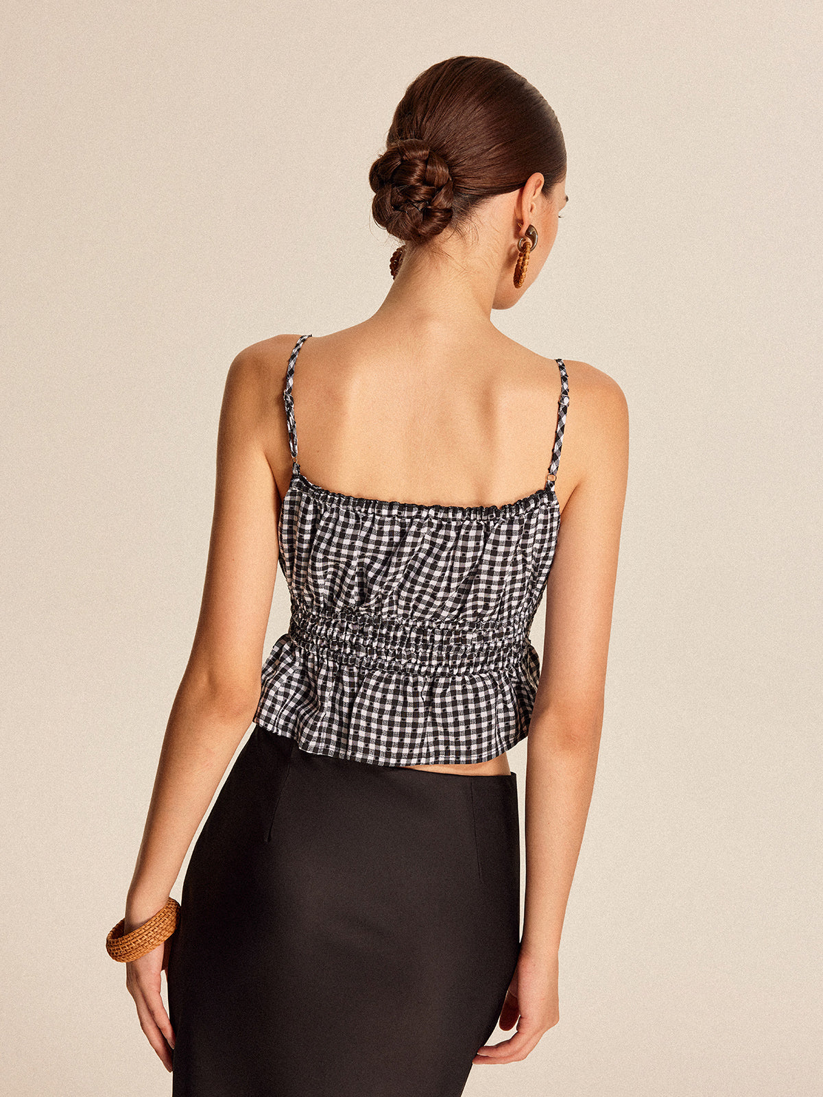 Büzgülü Peplum Ekose Askılı Bluz