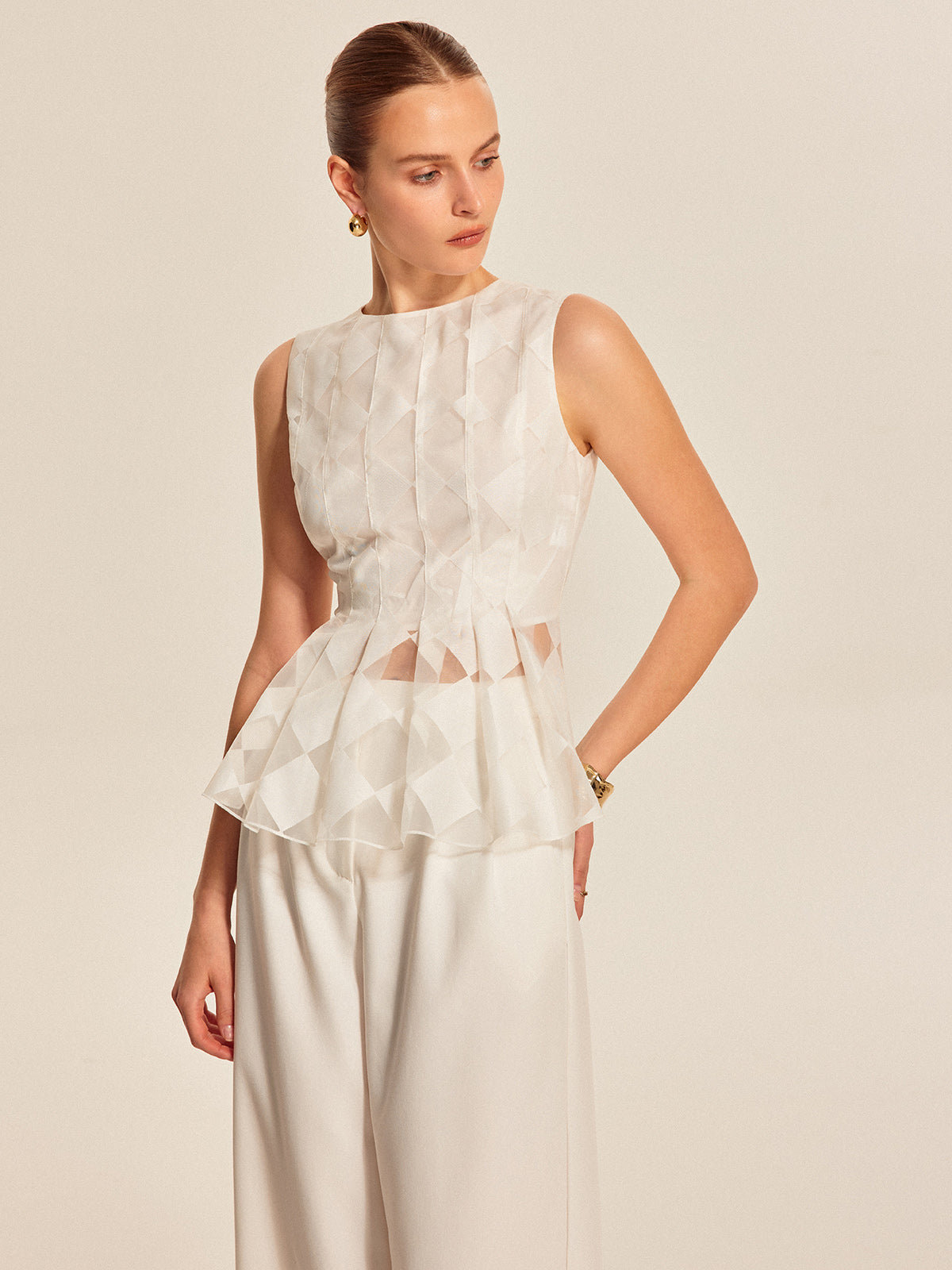 Yarı Şeffaf Geometrik Peplum Bluz